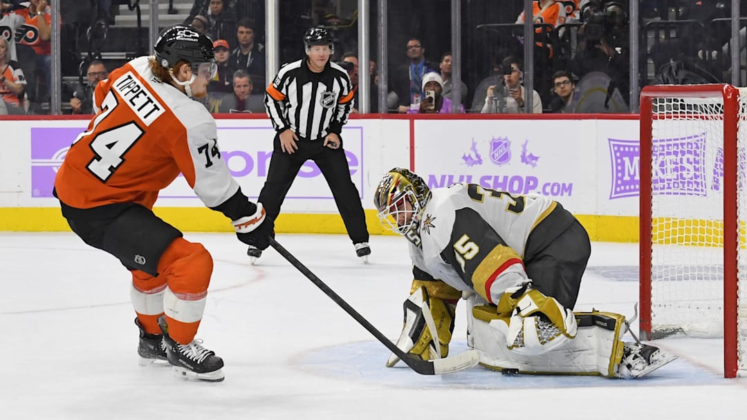Nov 25, 2024; Philadelphia, Pennsylvania, USA; Vegas Golden Knights goaltender Ilya Samsonov (35) makes a save against Philadelphia Flyers right wing Owen Tippett (74) during the shootout period at Wells Fargo Center. Mandatory Credit: Eric Hartline-Imagn Images