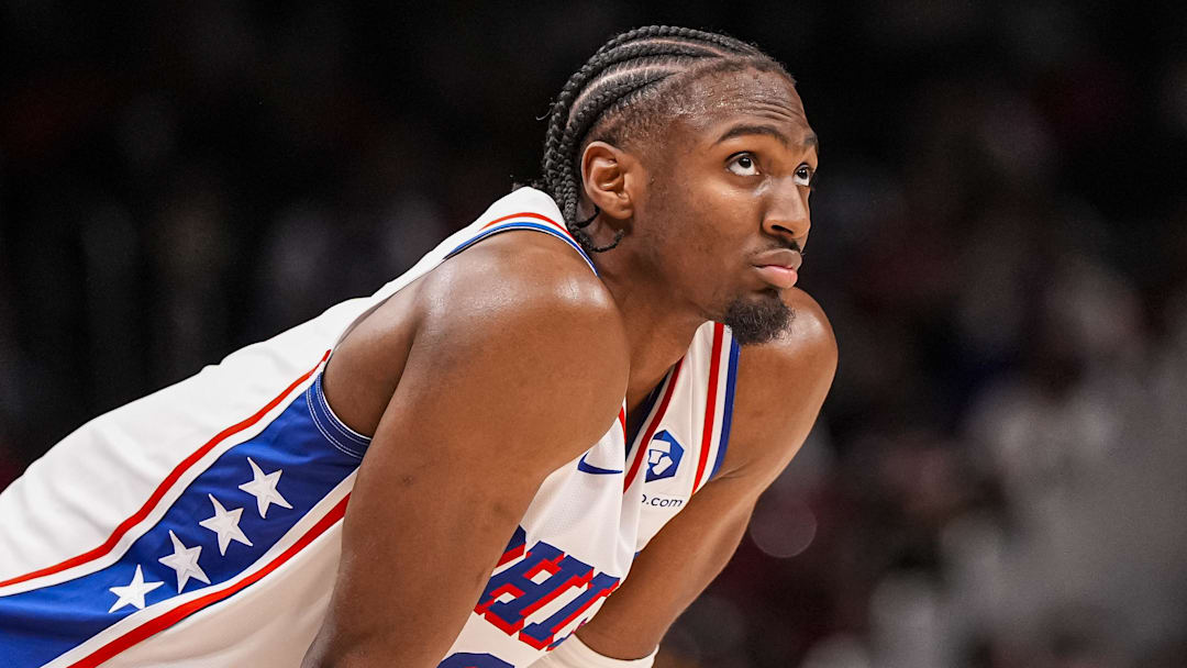Mar 7, 2026; Atlanta, Georgia, USA; Philadelphia 76ers guard Tyrese Maxey (0) on the court during the game against the Atlanta Hawks during the second half at State Farm Arena. Mandatory Credit: Dale Zanine-Imagn Images