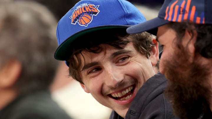 American-French actor Timothée Chalamet sits courtside during the second quarter of game two of the first round of the 2024 NBA Playoffs between the New York Knicks and the Detroit Pistons at Madison Square Garden. 