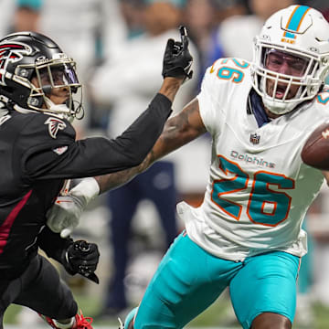 Miami Dolphins cornerback Rasul Douglas (26) is called for pass interference while defending Atlanta Falcons wide receiver Darnell Mooney (1) during the second half at Mercedes-Benz Stadium in Week 8.