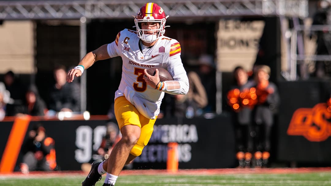 Iowa State Cyclones quarterback Rocco Becht runs during the second half against the Oklahoma State Cowboys at Boone Pickens Stadium. Iowa State Cyclones quarterback Rocco Becht runs during the second half against the Oklahoma State Cowboys at Boone Pickens Stadium.