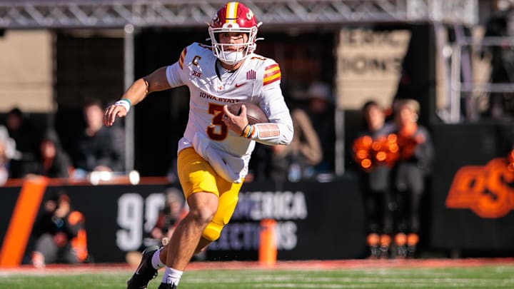 Nov 29, 2025; Stillwater, Oklahoma, USA; Iowa State Cyclones quarterback Rocco Becht (3) runs during the second half against the Oklahoma State Cowboys at Boone Pickens Stadium. Mandatory Credit: William Purnell-Imagn Images