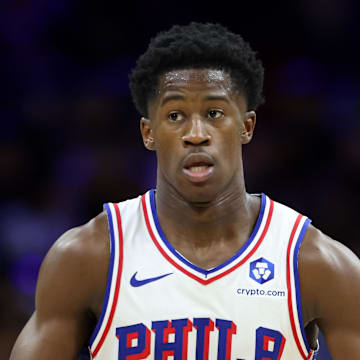 Oct 17, 2025; Philadelphia, Pennsylvania, USA; Philadelphia 76ers guard Vj Edgecombe (77) dribbles the ball against the Minnesota Timberwolves during the third quarter at Xfinity Mobile Arena. Mandatory Credit: Bill Streicher-Imagn Images