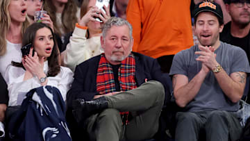 Dec 11, 2024; New York, New York, USA; New York Knicks executive chairman James Dolan sits court side during the second quarter against the Atlanta Hawks at Madison Square Garden. Mandatory Credit: Brad Penner-Imagn Images