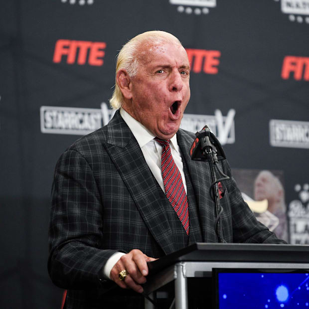Ric Flair exclaims his trademark    WOOO    at his Last Match press conference at the Fairgrounds in Nashville, Tenn., Thursd