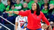 Mar 23, 2024; South Bend, Indiana, USA; Ole Miss Rebels head coach Yolett McPhee-McCuin yells to her players in the first half against the Marquette Golden Eagles at the Purcell Pavilion. Mandatory Credit: Matt Cashore-Imagn Images
