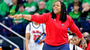 Mar 23, 2024; South Bend, Indiana, USA; Ole Miss Rebels head coach Yolett McPhee-McCuin yells to her players in the first half against the Marquette Golden Eagles at the Purcell Pavilion. Mandatory Credit: Matt Cashore-Imagn Images