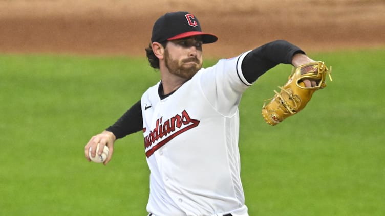 Sep 22, 2023; Cleveland, Ohio, USA; Cleveland Guardians starting pitcher Shane Bieber (57) delivers