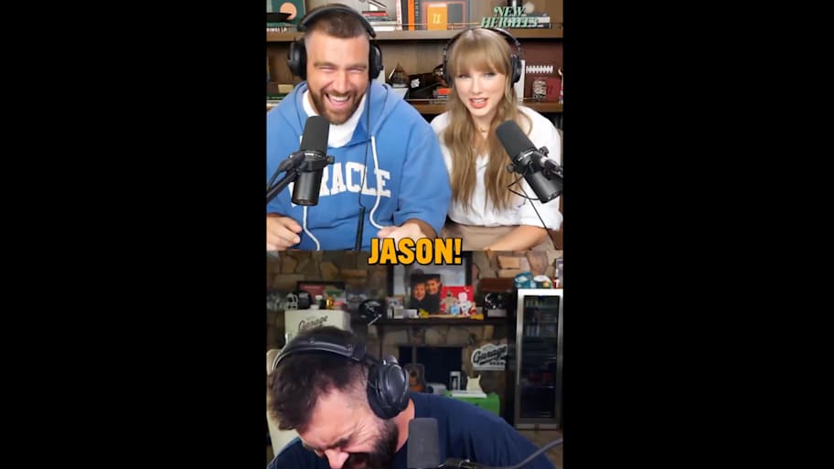 Swift's 'New Heights' debut also marks her first time on a podcast. | New Heights / X / Screensho