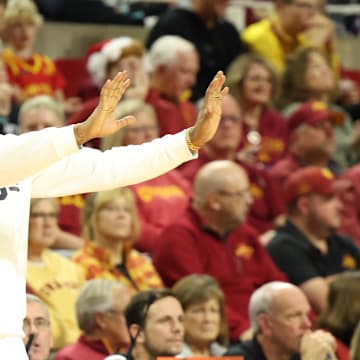 Dec 8, 2024; Ames, Iowa, USA; Jackson State Tigers head coach Mo Williams watches his team play the Iowa State Cyclones during the second half at James H. Hilton Coliseum. 