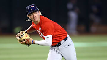 Jun 20, 2023; Phoenix, AZ, USA; Draft prospect A.J. Ewing during a high school baseball game at the MLB Draft Combine at Chase Field. Mandatory Credit: Mark J. Rebilas-Imagn Images