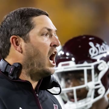 Sep 7, 2024; Tempe, Arizona, USA; Mississippi State Bulldogs head coach Jeff Lebby against the Arizona State Sun Devils at Mountain America Stadium. Mandatory Credit: Mark J. Rebilas-Imagn Images