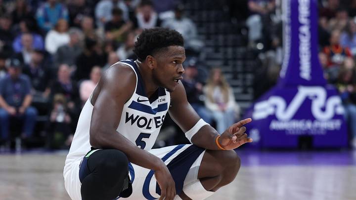 Jan 20, 2026; Salt Lake City, Utah, USA; Minnesota Timberwolves guard Anthony Edwards (5) reacts during a break in action against the Utah Jazz during the second half at Delta Center. Mandatory Credit: Rob Gray-Imagn Images
