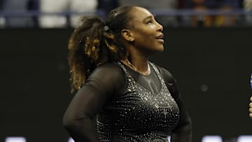 Sep 2, 2022; Flushing, NY, USA; Serena Williams (USA) stands on the court after her match against Ajla Tomljanovic (AUS) (not pictured) on day five of the 2022 U.S. Open tennis tournament at USTA Billie Jean King Tennis Center. Mandatory Credit: Geoff Burke-Imagn Images