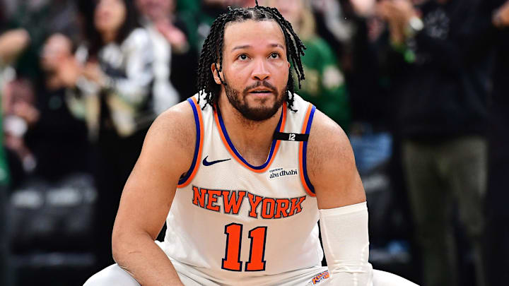 May 14, 2025; Boston, Massachusetts, USA; New York Knicks guard Jalen Brunson (11) fouls out of the game in the second half during game five of the second round for the 2025 NBA Playoffs against the Boston Celtics at TD Garden. Mandatory Credit: Bob DeChiara-Imagn Images