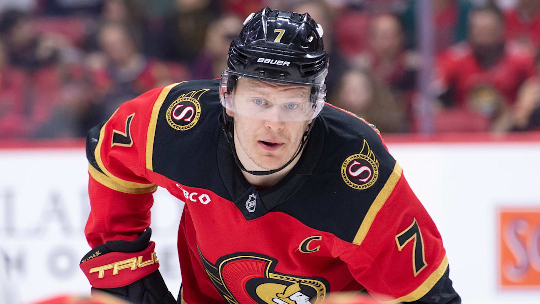 Apr 9, 2026; Ottawa, Ontario, CAN; Ottawa Senators left wing Brady Tkachuk (7) gets in position for a face off  in the first period against the Florida Panthers at the Canadian Tire Centre. Mandatory Credit: Marc DesRosiers-IMAGN Images