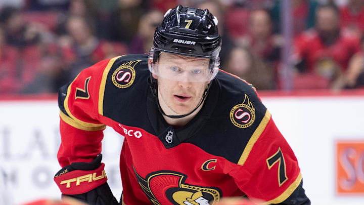 Apr 9, 2026; Ottawa, Ontario, CAN; Ottawa Senators left wing Brady Tkachuk (7) gets in position for a face off  in the first period against the Florida Panthers at the Canadian Tire Centre. Mandatory Credit: Marc DesRosiers-IMAGN Images