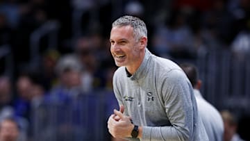 March 20, 2025; Denver, CO, USA; UC San Diego Tritons head coach Eric Olen reacts during the second half against the Michigan Wolverines at Ball Arena. Mandatory Credit: Isaiah J. Downing-Imagn Images