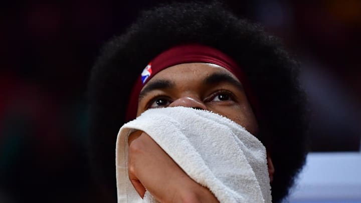 Apr 6, 2024; Los Angeles, California, USA; Cleveland Cavaliers center Jarrett Allen (31) reacts during the second half at Crypto.com Arena. Mandatory Credit: Gary A. Vasquez-Imagn Images