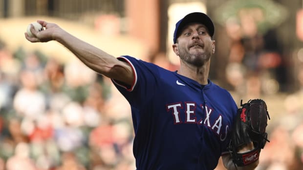 Texas Rangers Max Scherzer throws a pitch