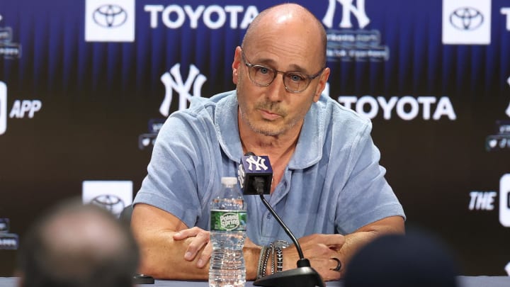 Aug 23, 2023; Bronx, New York, USA; New York Yankees general manager Brian Cashman talks with the media before the game between the Yankees and the Washington Nationals at Yankee Stadium. Mandatory Credit: Vincent Carchietta-USA TODAY Sports