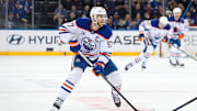 Mar 16, 2025; New York, New York, USA; Edmonton Oilers center Connor McDavid (97) skates against the New York Rangers during the third period at Madison Square Garden. Mandatory Credit: Danny Wild-Imagn Images