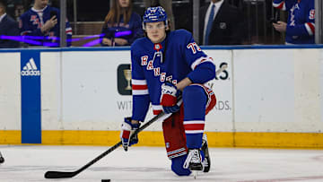 Apr 11, 2024; New York, New York, USA; New York Rangers center Matt Rempe (73) warms up before the first period against the Philadelphia Flyers at Madison Square Garden. Mandatory Credit: Danny Wild-Imagn Images