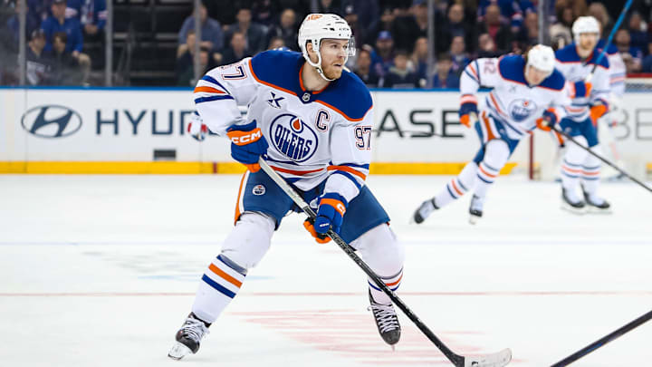 Mar 16, 2025; New York, New York, USA; Edmonton Oilers center Connor McDavid (97) skates against the New York Rangers during the third period at Madison Square Garden. Mandatory Credit: Danny Wild-Imagn Images Mar 16, 2025; New York, New York, USA; Edmonton Oilers center Connor McDavid (97) skates against the New York Rangers during the third period at Madison Square Garden. Mandatory Credit: Danny Wild-Imagn Images