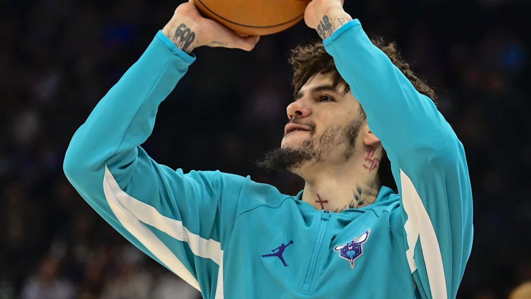 Jan 10, 2026; Salt Lake City, Utah, USA; Charlotte Hornets guard LaMelo Ball (1) warms up before the game against the Utah Jazz at Delta Center. Mandatory Credit: Peter Creveling-Imagn Images