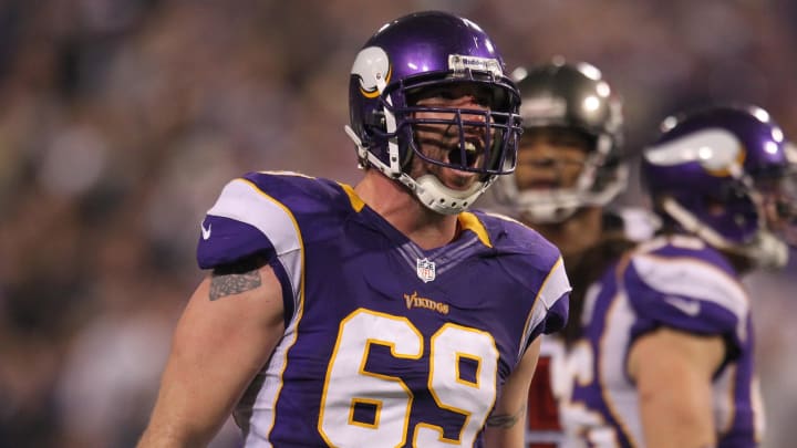 Oct 25, 2012; Minneapolis, MN, USA; Minnesota Vikings defensive end Jared Allen (69) celebrates a play against the Tampa Bay Buccaneers at the Metrodome. The Buccaneers defeated the Vikings 36-17.