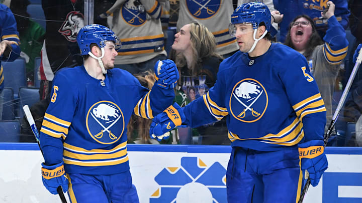 Apr 15, 2026; Buffalo, New York, USA; Buffalo Sabres left wing Zach Benson (6) celebrates scoring a goal against the Dallas Stars with defenseman Luke Schenn (5) in the second period at KeyBank Center. Mandatory Credit: Mark Konezny-Imagn Images