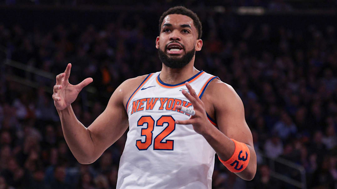 Feb 19, 2026; New York, New York, USA; New York Knicks center Karl-Anthony Towns (32) reacts during the first half against Detroit Pistons at Madison Square Garden. Mandatory Credit: Vincent Carchietta-Imagn Images Feb 19, 2026; New York, New York, USA; New York Knicks center Karl-Anthony Towns (32) reacts during the first half against Detroit Pistons at Madison Square Garden. Mandatory Credit: Vincent Carchietta-Imagn Images