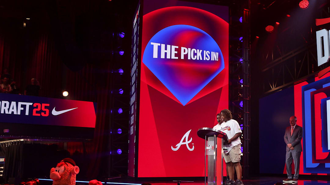 Jul 13, 2025; Atlanta, GA, USA; The pick is announced for the Atlanta Braves during the MLB Draft at The Coca-Cola Roxy. Mandatory Credit: Brett Davis-Imagn Images