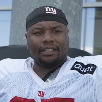 Aug 12, 2025; Florham Park, NJ, USA; at Atlantic Health Jets Training Center. The Giants and Jets participate in a joint practice at the Jets' training facility in Florham Park. New York Giants #97 Dexter Lawrence II.