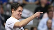 Feb 28, 2016; Dallas, TX, USA; Dallas Mavericks owner Mark Cuban gestures during the game against the Minnesota Timberwolves at American Airlines Center. Mandatory Credit: Matthew Emmons-Imagn Images