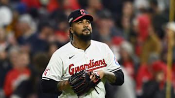 Oct 18, 2024; Cleveland, Ohio, USA; Cleveland Guardians pitcher Emmanuel Clase (48) reacts in the ninth inning against the New York Yankees during game four of the ALCS for the 2024 MLB playoffs at Progressive Field. Mandatory Credit: Ken Blaze-Imagn Images