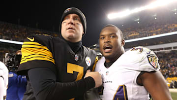 Dec 25, 2016; Pittsburgh, PA, USA;  Pittsburgh Steelers quarterback Ben Roethlisberger (7) greets Baltimore Ravens inside linebacker Zach Orr (54) after their game at Heinz Field. The Steelers won 31-27. Mandatory Credit: Charles LeClaire-Imagn Images