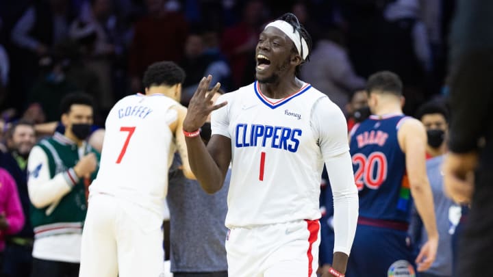 Jan 21, 2022; Philadelphia, Pennsylvania, USA; LA Clippers guard Reggie Jackson (1) reacts to a victory against the Philadelphia 76ers at Wells Fargo Center. Mandatory Credit: Bill Streicher-USA TODAY Sports