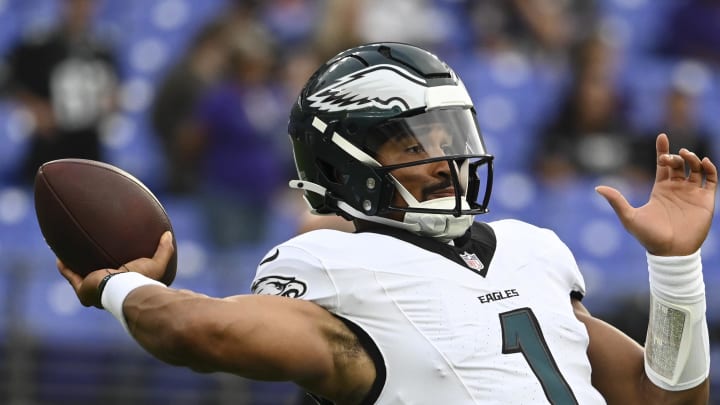 Aug 9, 2024; Baltimore, Maryland, USA; Philadelphia Eagles quarterback Jalen Hurts (1) throws  before a preseason game against the Baltimore Ravens at M&T Bank Stadium.