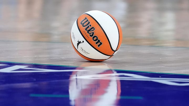 Aug 31, 2025; Los Angeles, California, USA; A Wilson EVO Nxt WNBA basketball on the court at the Crypto.com Arena. Mandatory Credit: Kirby Lee-Imagn Images
