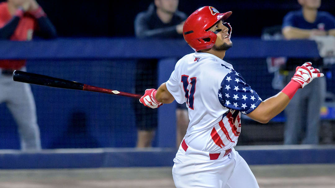 Peoria's Ramon Mendoza watches the ball fly out of the park for a two-run homer in the fifth inning of Game 1 of the Midwest League West Division Championship Series on Tuesday, Sept. 12, 2023 at Dozer Park in Peoria. The Chiefs held on to defeat the Cedar Rapids Kernels 4-3.