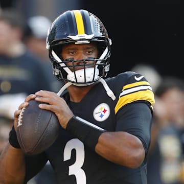 Aug 9, 2024; Pittsburgh, Pennsylvania, USA;  Pittsburgh Steelers quarterback Russell Wilson (3) warms up before playing the Houston Texans at Acrisure Stadium. Mandatory Credit: Charles LeClaire-Imagn Images