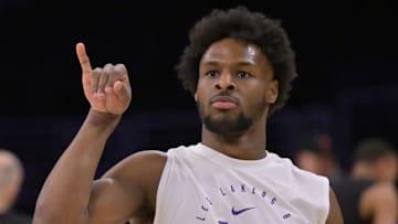 Dec 8, 2024; Los Angeles, California, USA;  Los Angeles Lakers guard Bronny James (9) warms up prior to the game against the Portland Trail Blazers at Crypto.com Arena. Mandatory Credit: Jayne Kamin-Oncea-Imagn Images