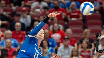 Kentucky's Brooklyn DeLeye (17) returns the ball during their game against University of Nebraska on Tuesday, Aug. 27, 2024 at the KFC YUM! Center in Louisville, Ky.