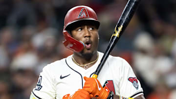 Sep 16, 2025; Phoenix, Arizona, USA; Arizona Diamondbacks shortstop Geraldo Perdomo against the San Francisco Giants at Chase Field. Mandatory Credit: Mark J. Rebilas-Imagn Images