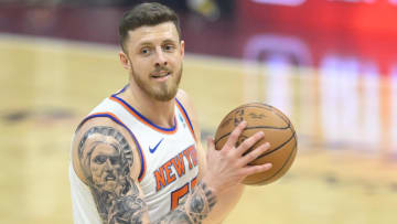 Mar 3, 2024; Cleveland, Ohio, USA; New York Knicks center Isaiah Hartenstein (55) looks to pass in the first quarter against the Cleveland Cavaliers at Rocket Mortgage FieldHouse. Mandatory Credit: David Richard-USA TODAY Sports