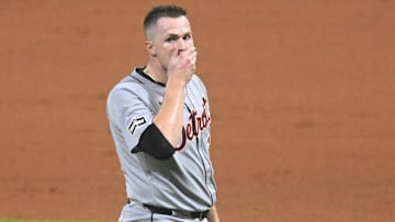 Sep 23, 2025; Cleveland, Ohio, USA; Detroit Tigers starting pitcher Tarik Skubal (29) reacts after Cleveland Guardians designated hitter David Fry (6) was hit in the face by a foul ball in the sixth inning at Progressive Field. Mandatory Credit: David Richard-Imagn Images