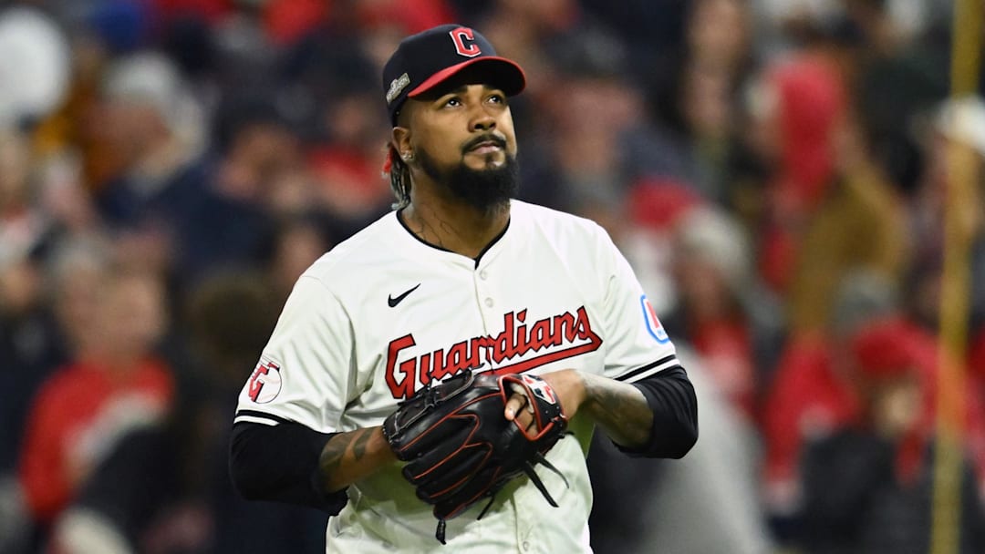 Oct 18, 2024; Cleveland, Ohio, USA; Cleveland Guardians pitcher Emmanuel Clase (48) reacts in the ninth inning against the New York Yankees during game four of the ALCS for the 2024 MLB playoffs at Progressive Field.