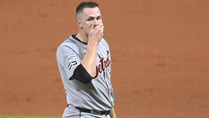 Sep 23, 2025; Cleveland, Ohio, USA; Detroit Tigers starting pitcher Tarik Skubal (29) reacts after Cleveland Guardians designated hitter David Fry (6) was hit in the face by a foul ball in the sixth inning at Progressive Field. Mandatory Credit: David Richard-Imagn Images