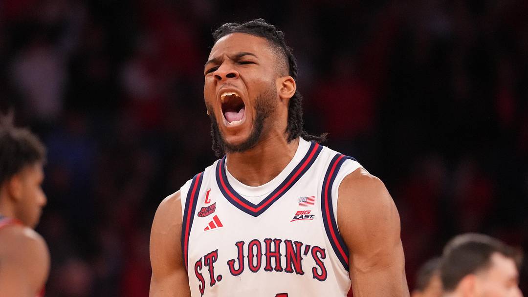 Mar 14, 2026; New York, NY, USA; St. John's Red Storm forward Zuby Ejiofor (24) reacts in the closing moments of the second half of the men's Big East Conference Tournament Championship against the Connecticut Huskies at Madison Square Garden. Mandatory Credit: Robert Deutsch-Imagn Images Mar 14, 2026; New York, NY, USA; St. John's Red Storm forward Zuby Ejiofor (24) reacts in the closing moments of the second half of the men's Big East Conference Tournament Championship against the Connecticut Huskies at Madison Square Garden. Mandatory Credit: Robert Deutsch-Imagn Images